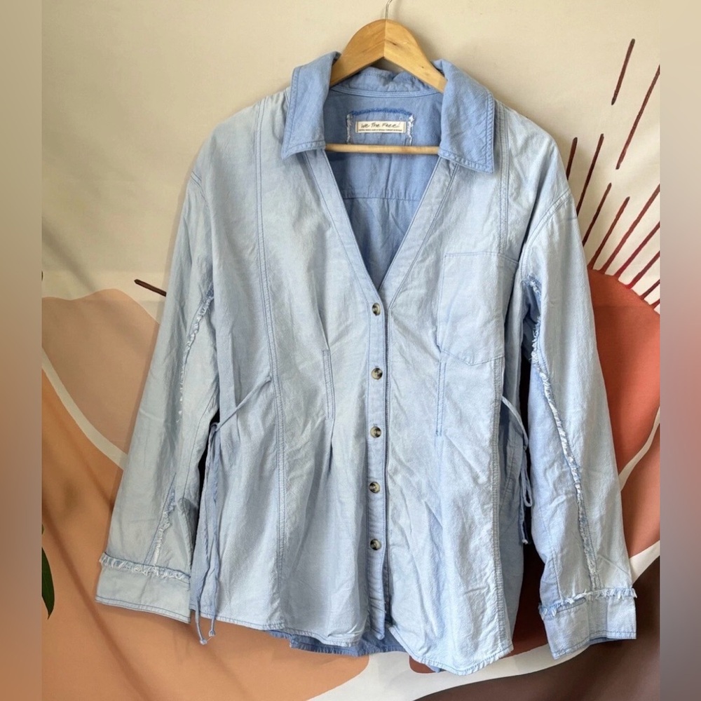 Nwot Free People Denim Chambray Side Tie Button Down Size small  (100% cotton)